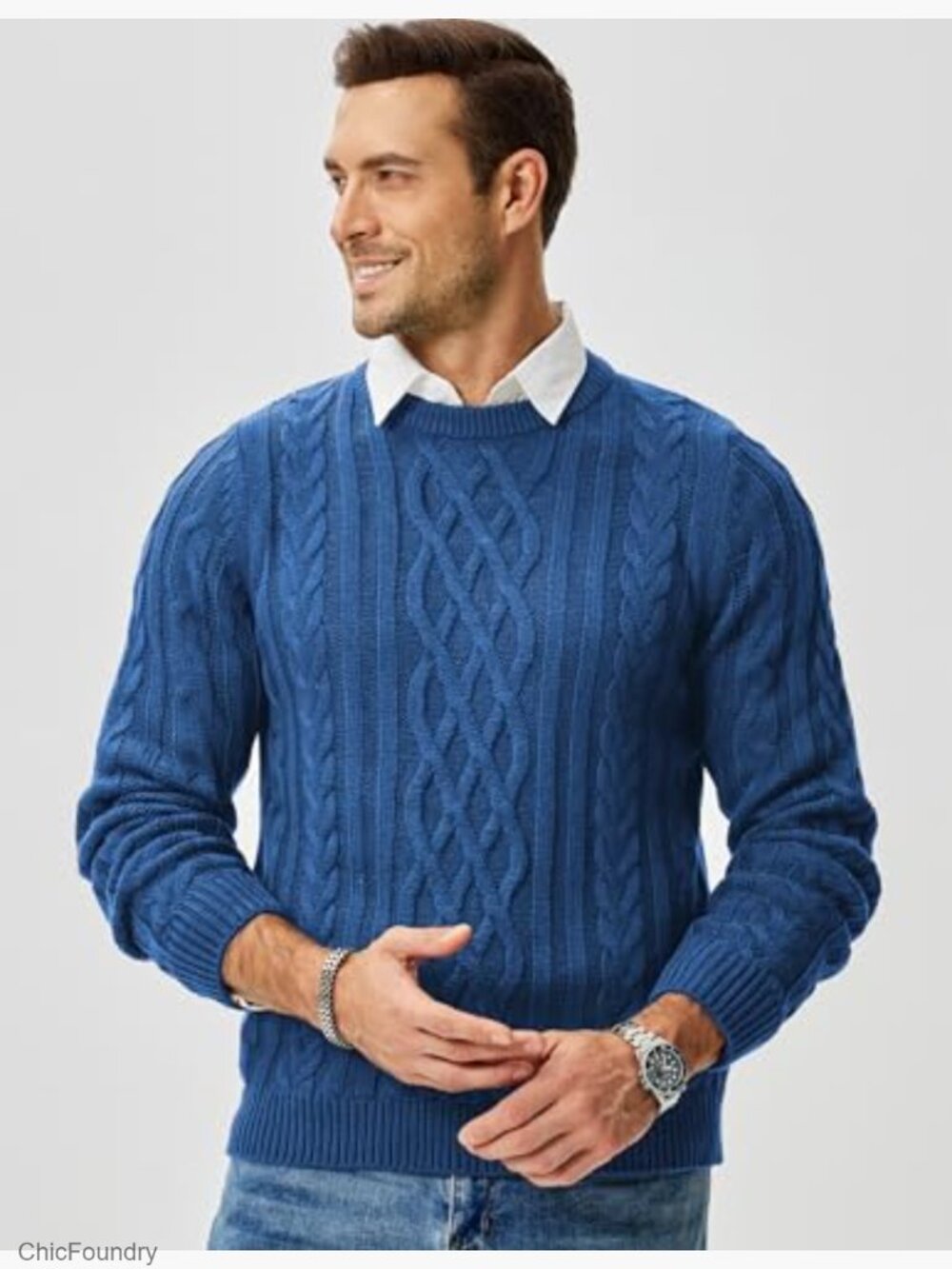 Men's Cable Knit Pullover Fisherman Sweater Chunky Crewneck Long Sleeve - Picture 3 of 7